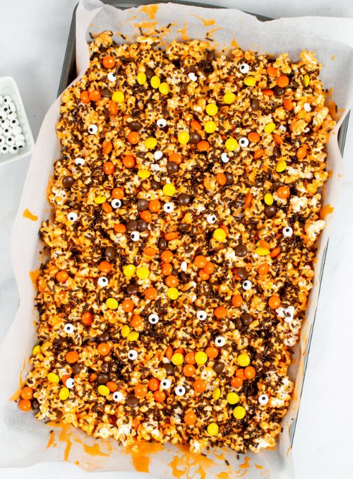 Full length picture of the completed Halloween Popcorn Treat in the pan
