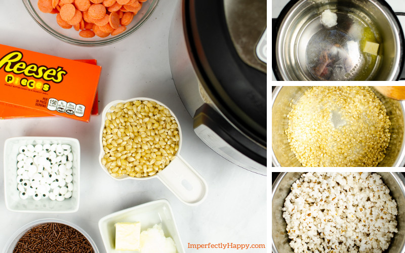 Ingredients and cooking the popcorn in the Instant Pot for the Halloween Popcorn treat recipe