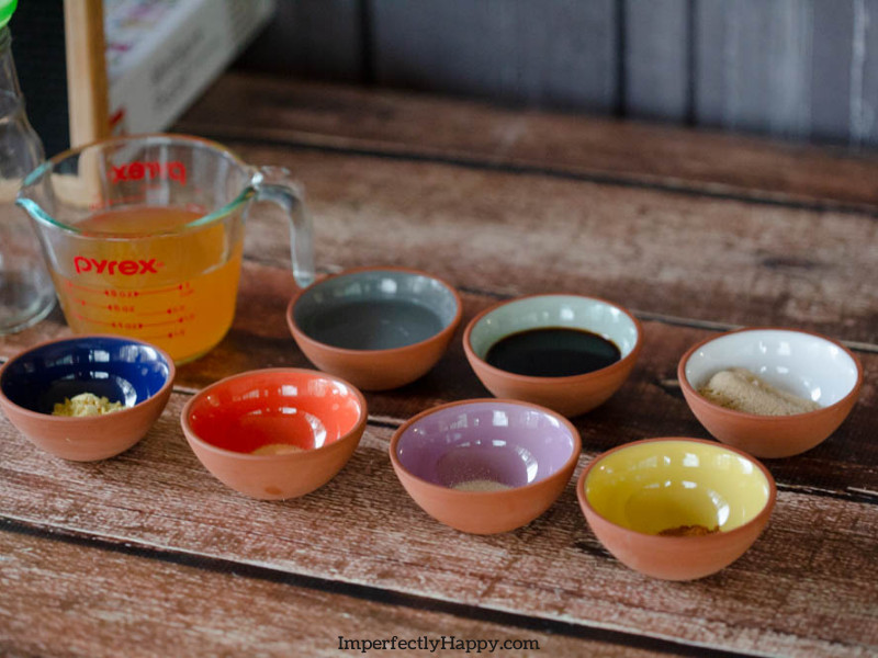 Ingredients in separate coloring bowls.