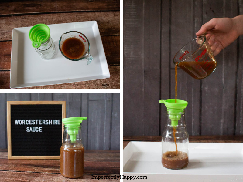 Homemade Worcestershire Sauce - ingredients being poured into a bottle with funnel and measuring cup
