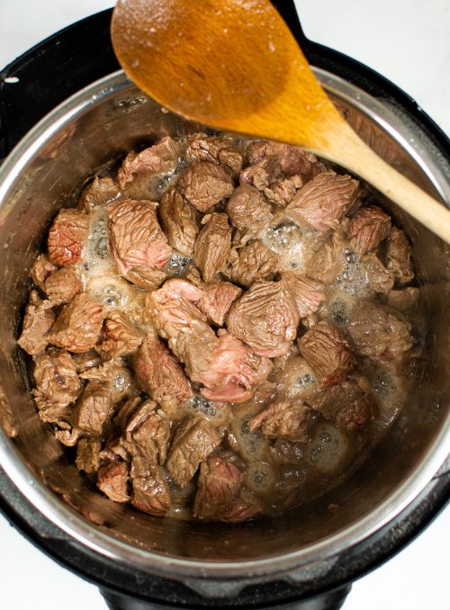 Cooked Beef Barbacoa ready to serve from the Instant Pot