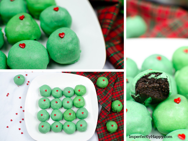 Grinch Christmas Truffles - green coating with little red heart and a chocolate center.