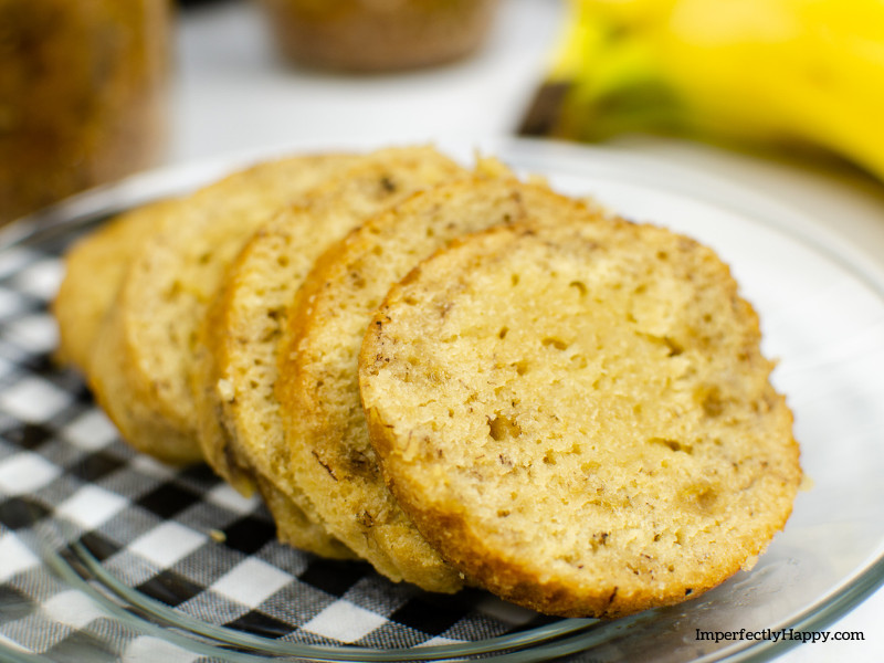Banana bread recipe - baked, cooled and sliced bread.