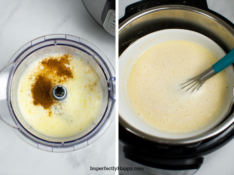 Instant Pot Eggnog blended and then in the pot with whisk.