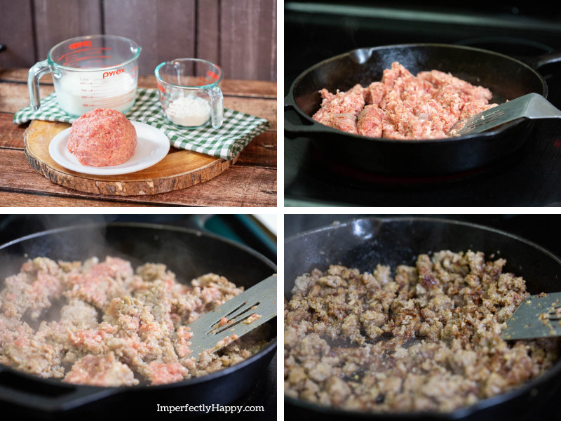 Sausage gravy recipe - ingredients being cooked in cast iron skillet