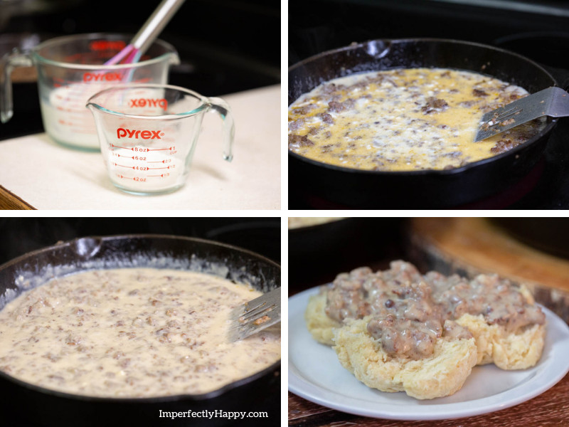Sausage gravy recipe being cooked in cast iron skillet and then served over homemade biscuits.