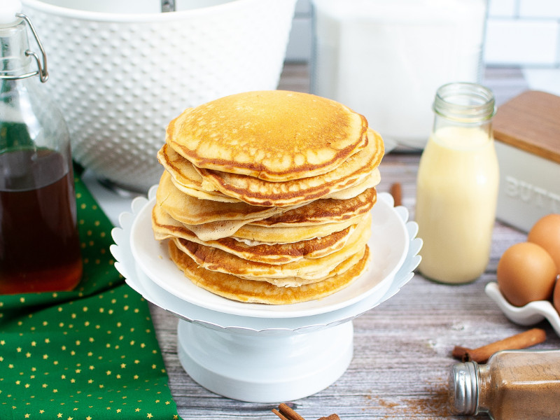Eggnog Pancakes Recipe - prepared on cake stand