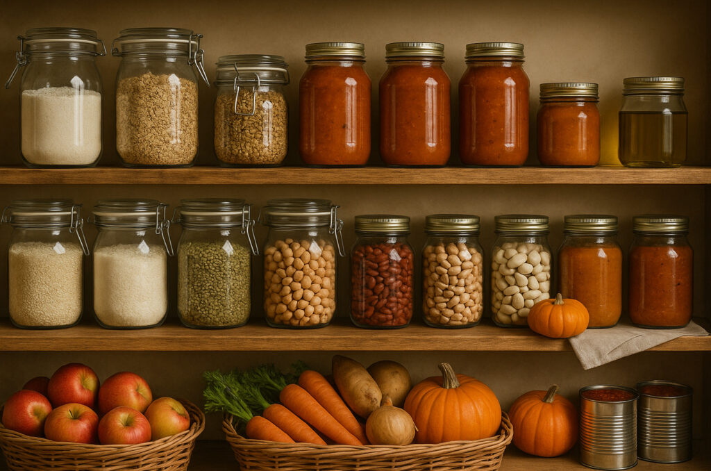 Cozy fall pantry stocked with jars of grains and canned foods for winter.