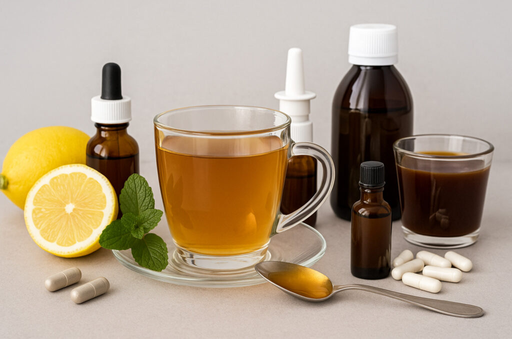 Natural cold and flu protocol with vitamins, honey, tea, and herbal remedies